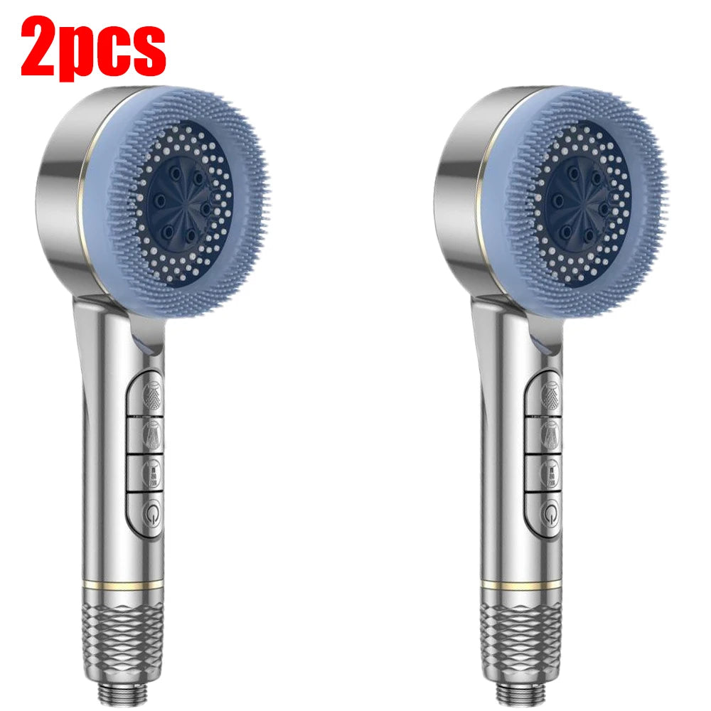 4 Modes Pressurized Shower Head Thickened ABS Handheld Filter Showerhead with Silicone Brush One-Key Stop Water Shower Nozzle