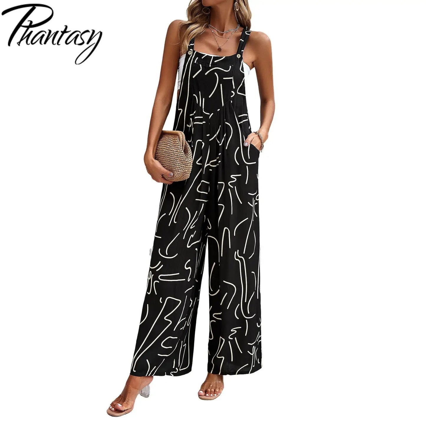 Phantasy Ladies Printing Jumpers Fashion Loose Casual Sleeveless Streetwear Elegant Rompers Women Playsuits Jumpsuits 2025