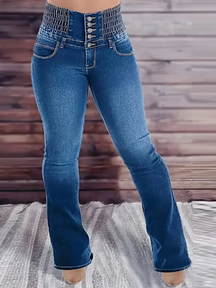 Spring High Waist Elastic Waist Denim Jeans Women's Long Flare Pants Breathable Butt-Lifted plus Size Basic Trousers