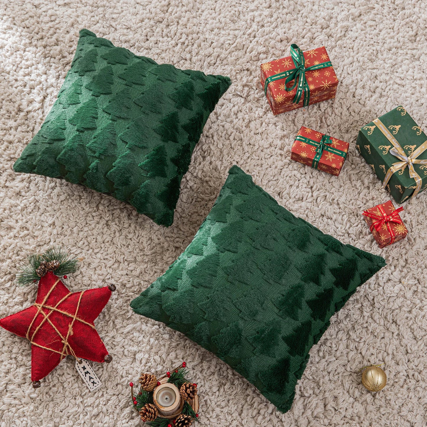 1/2 Pack Christmas Tree Square Throw Pillow Cases Snowflake Shaggy Plush PillowCases Embroidered Sofa Cushion Cover Home Decor