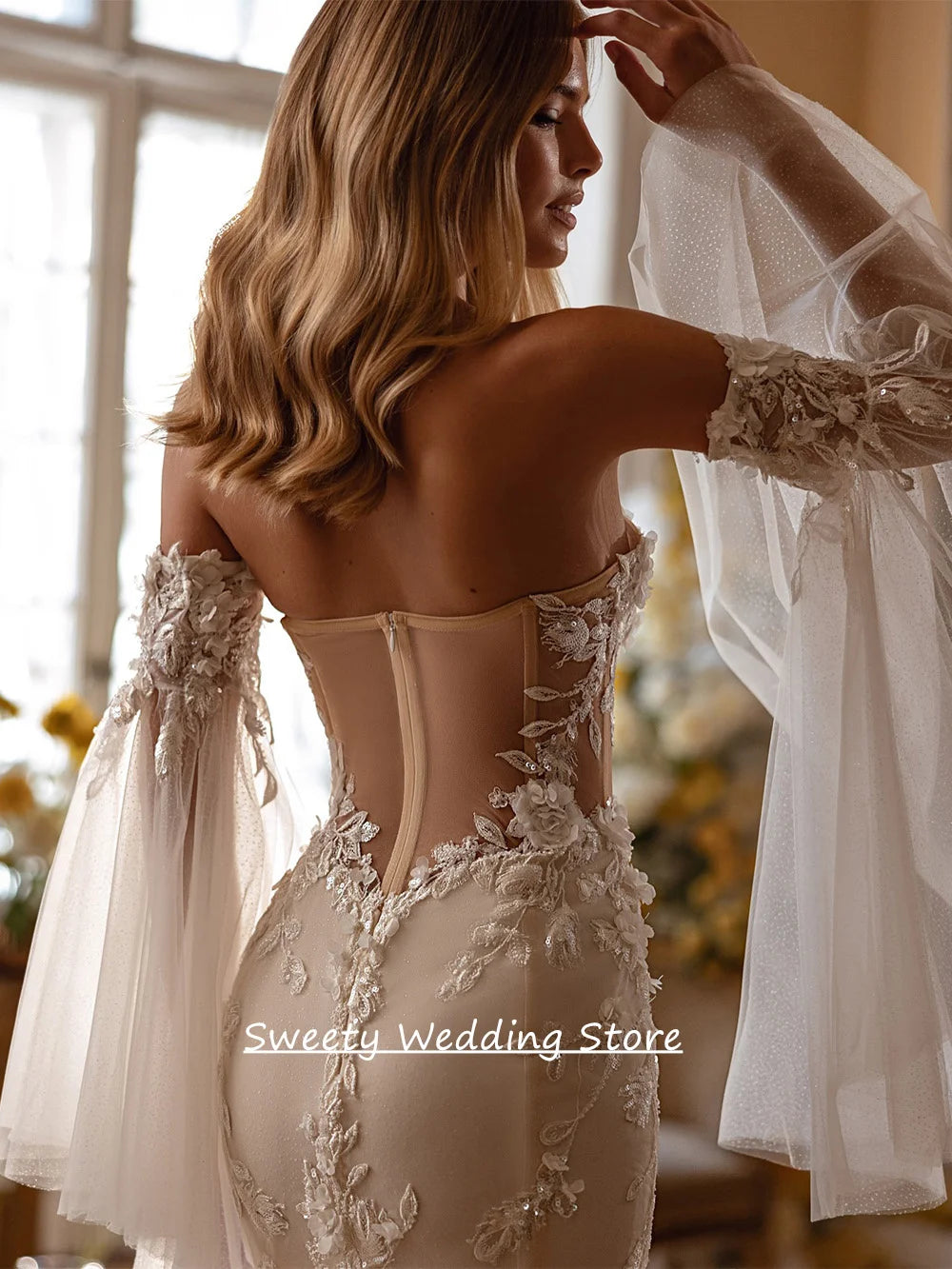 Wedding Dress for Woman Bride Customized Sexy Detachable Long Sleeves Sweetheart Sequined Applique Mermaid Bridal Gown