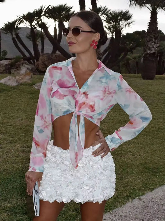 HH Woman New Fashion Summer Casual Shirts Print Turn-Down Collar Long Sleeves Bow Single Breasted Female Bohemian Blouse