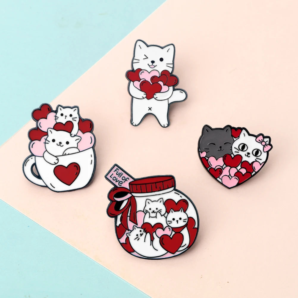 Romantic Candy Cats Brooch for Couples Cute 'Full with Love' Kitties Wink Enamel Pin Cartoon  Animal Badge Valentine's Day Gifts