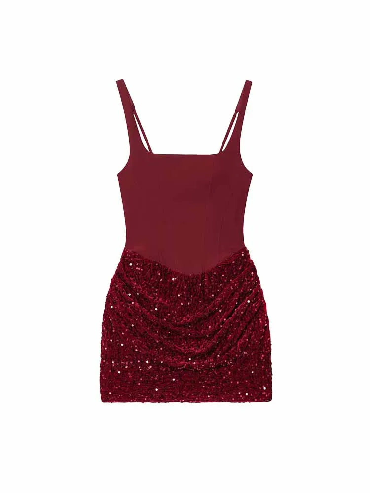 HH Summer Woman Casual Sexy Sleeveless Sequin Decoration Hip Covering Suspender Skirt Female Elegant Fashion Party Dress Mujer