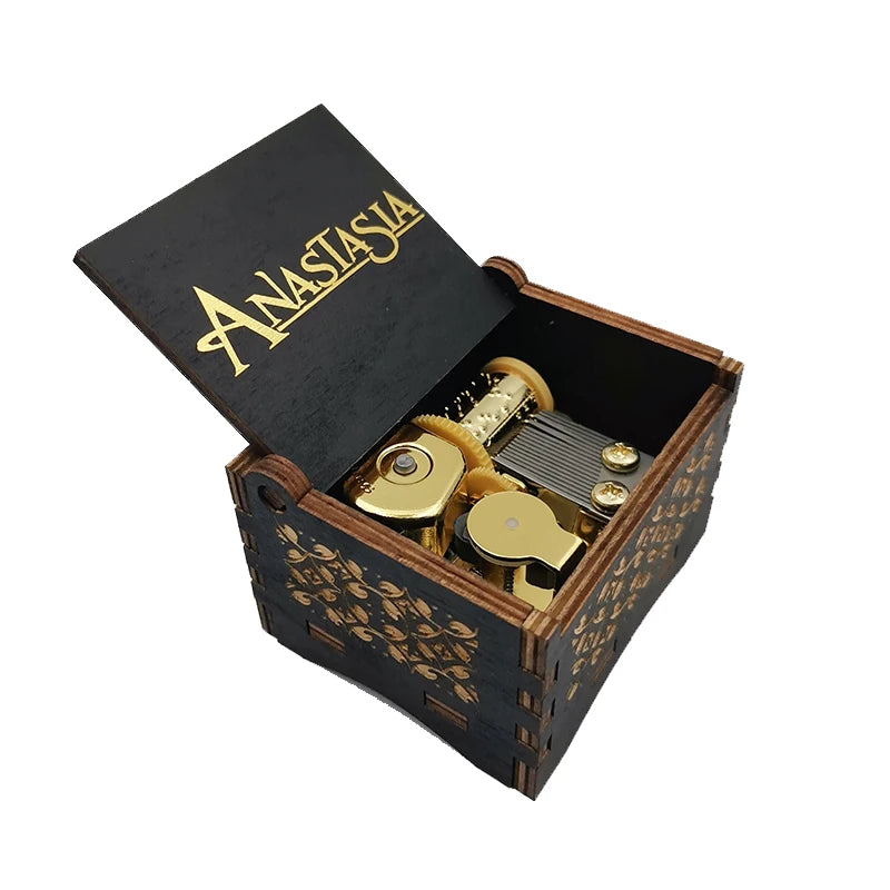 Once Upon a December Music Box, Black Wooden Anastasia Gold Stamping Vintage Gift Ideal for Christmas Birthday Valentine's Day