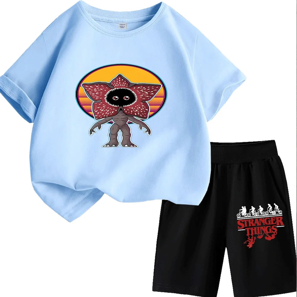 Cute Demogorgon Pattern Kids T-Shirt Set, Fashionable and Comfortable Short-Sleeve Tops for Boys and Girls, Ideal for Daily Wear