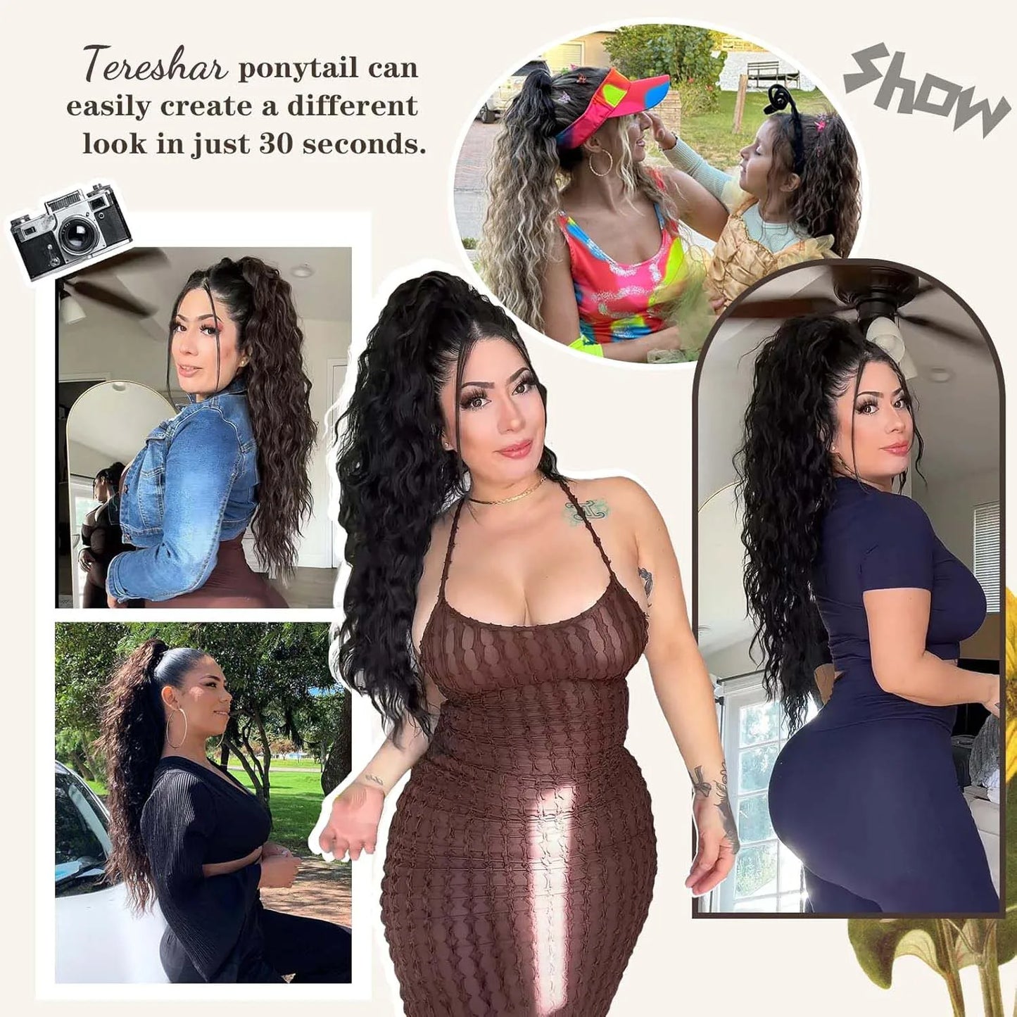 Synthetic 24inch Long Curly Wavy Ponytail Extension Drawstring Ponytail Hair Extensions for Women Hairpiece for Daily Use Party