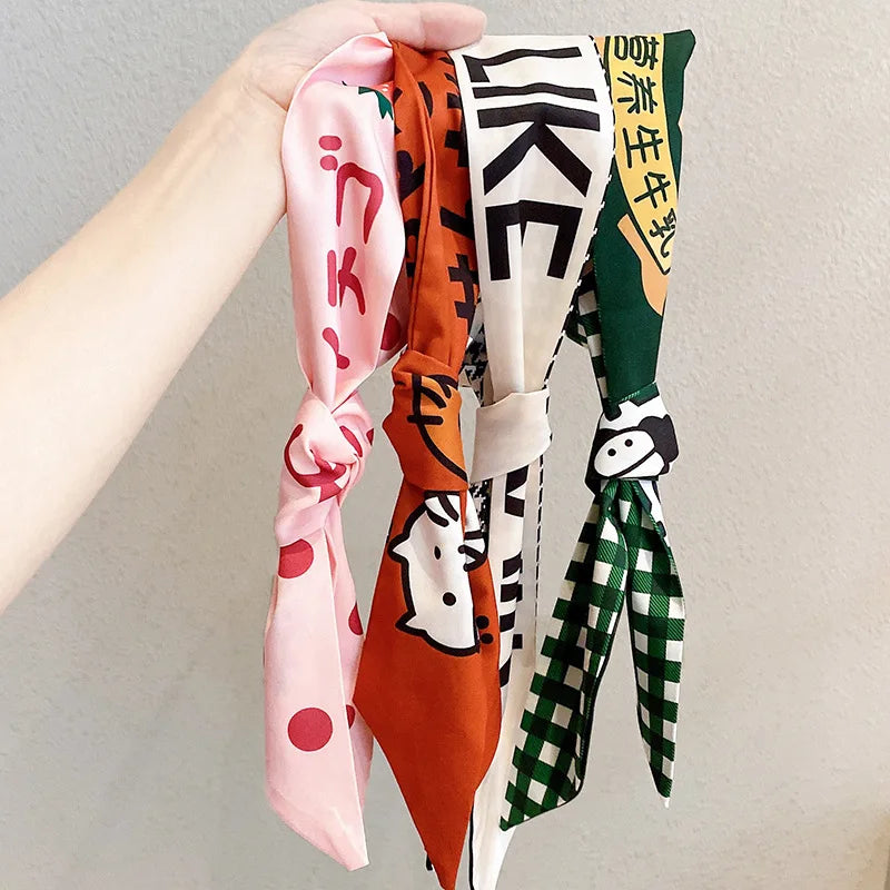 Fashion Printing Long Ribbon Silk Scarf Headband for Women Elegant Tie Ponytail Bow Headband Hair Tie Резинки Для Волос