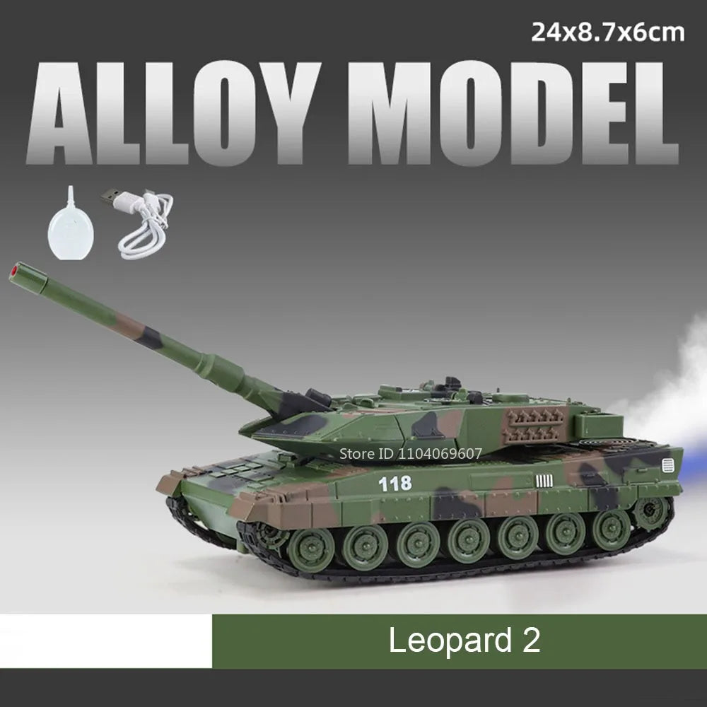 1:32 Tiger Leopard 2 T-90 M4 Spray Tank Model Toys Metal Diecast Military Vehicles Sound Light Pull Back Doors Opened Boys Gifts