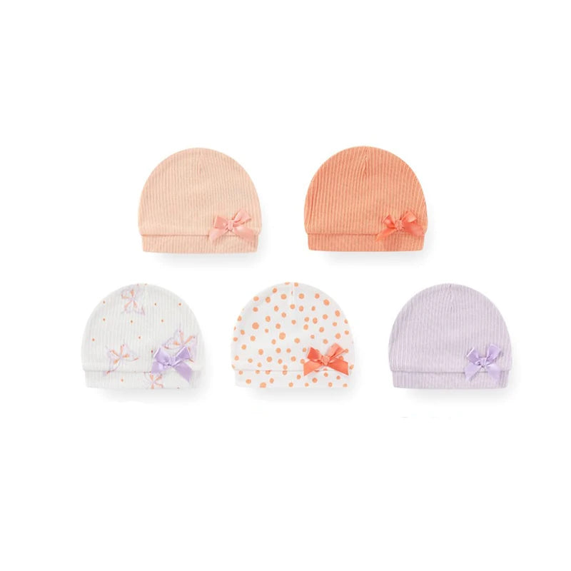 5Pieces Newborn Baby Boy Hats Cartoon Print 100%Cotton Baby Girls Hats 0-6Months Soft Solid Color Infant Accessories