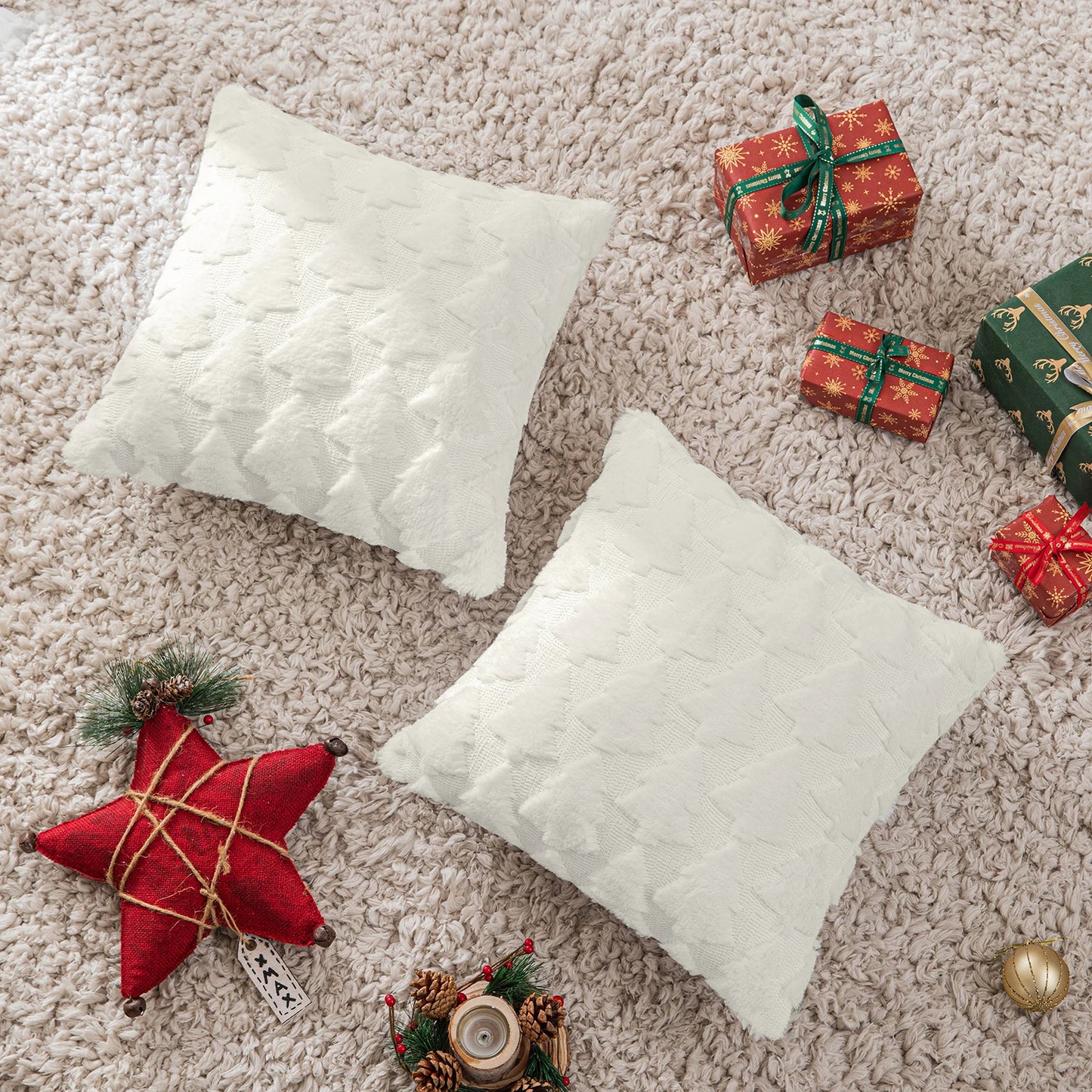 1/2 Pack Christmas Tree Square Throw Pillow Cases Snowflake Shaggy Plush PillowCases Embroidered Sofa Cushion Cover Home Decor