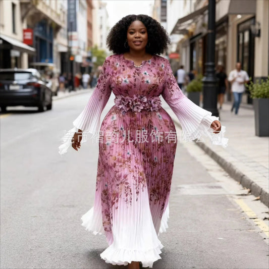 2025 One Size Temperament Women's Miyake Pleated Printed Long Sleeve Dress Loose Clothing Casual Pleated Dress