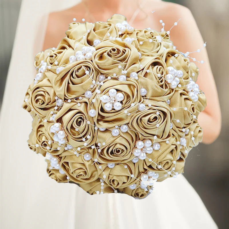 1pc/lot Gold Bridal Wedding Bouquet  Satin Rose Artificial Flowers Wedding Bouquet de novia On Sale