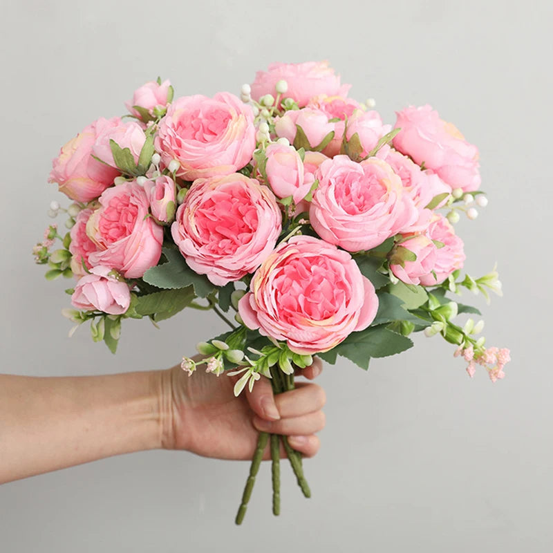 30cm Rose Pink Silk Bouquet Peony Artificial Flower 5 Big Head 4 Small Bud Bride Wedding Home Decoration Artificial Flower