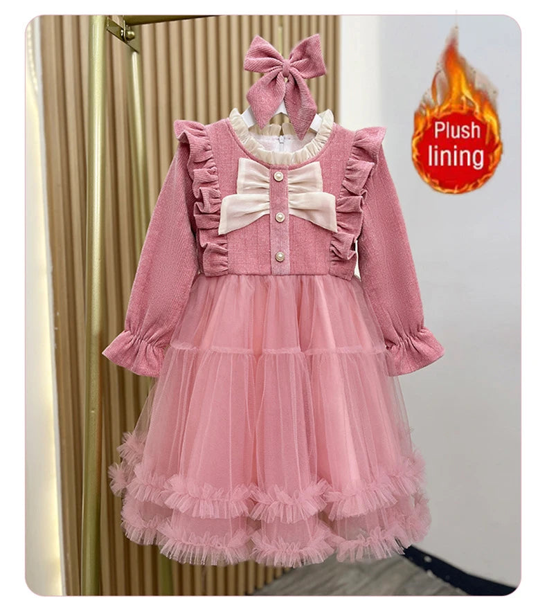 Young Girls' Winter Princess Clothes Red Thickened Velvet Dresses Baby Girl One-piece New Year's Birthday Party Corduroy Dress ‌