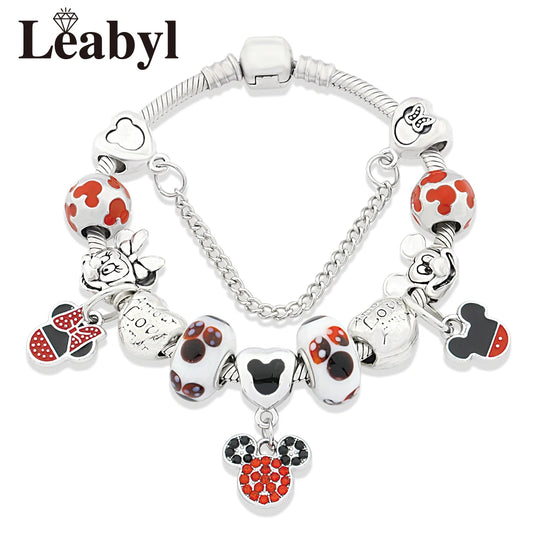 Classic Red Enamel Heart Mickey Minnie Charm Bracelet for Women Girl Boy Gift Silver Color Cartoon Animal Disney Beads Bracelets