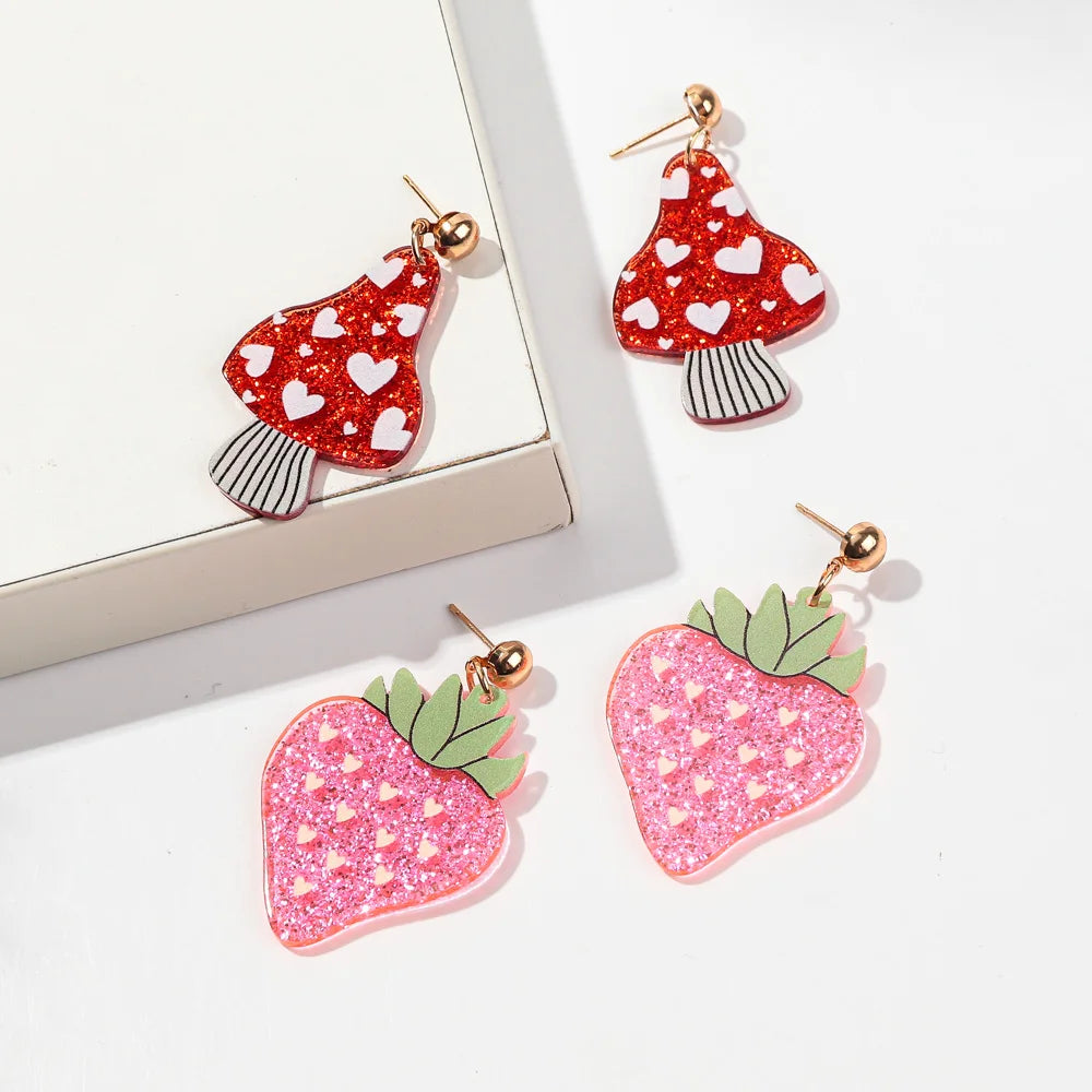 Glitter Pink Strawberry Acrylic Drop Earrings for Women New Cute Red Mushroom Drop Earring Trendy Jewelry Valentine's Day Gifts
