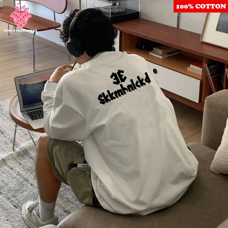 ins Letter Print T-shirt Men 2025 New Autumn 100% Cotton Oversize White O-Neck Long-sleeves T-shirt Loose Y2k Top Men clothing