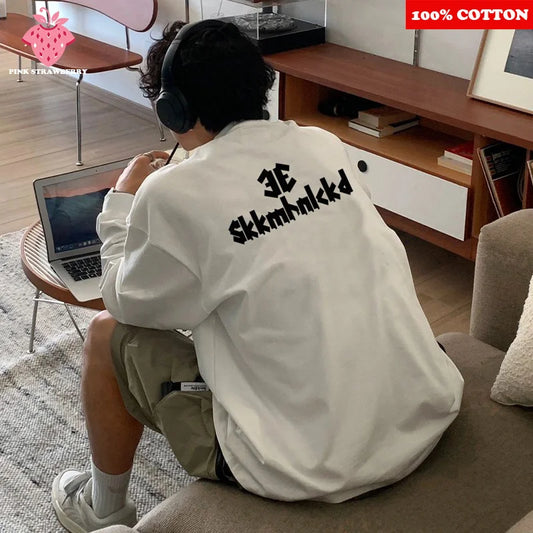 ins Letter Print T-shirt Men 2025 New Autumn 100% Cotton Oversize White O-Neck Long-sleeves T-shirt Loose Y2k Top Men clothing