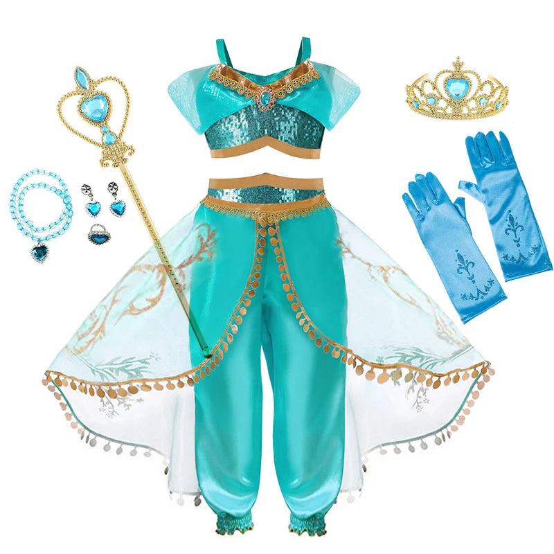 Baby Girls Cosplay Disney Jasmine Costume Aladdin Princess Dress Kids Magic Lamp Fancy Birthday Party Dresses Jasmine Clothes