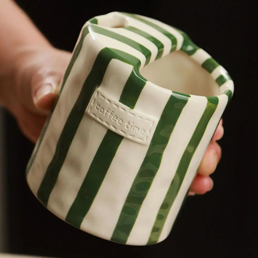 Vintage Stripe Hand Painted Ceramic Mug Creative Dual Compartment Coffee Cup for Office Afternoon Tea Breakfast