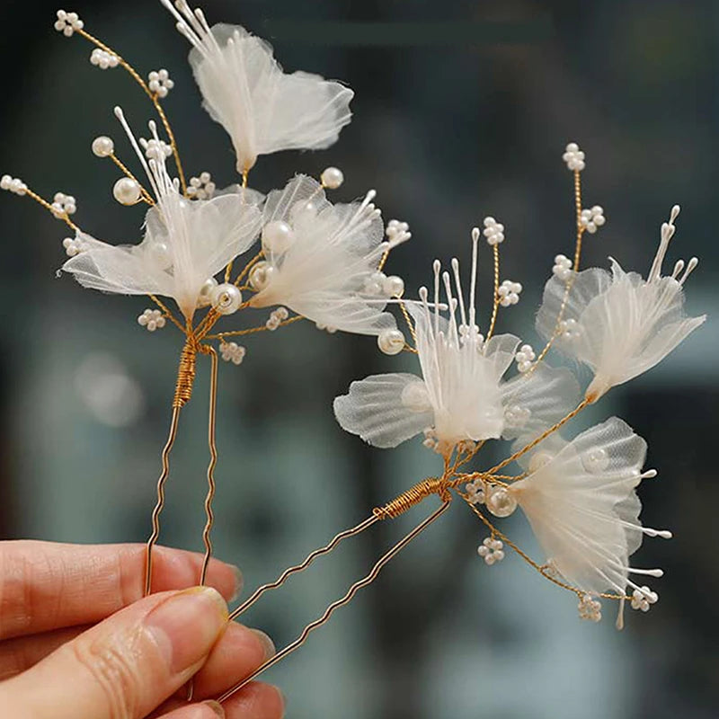 Wedding Shape Hair Clips Bridal Headpiece Mesh Flower Hairpins Pearl Women Wedding Hair Accessories Bridal Headdress Jewelry