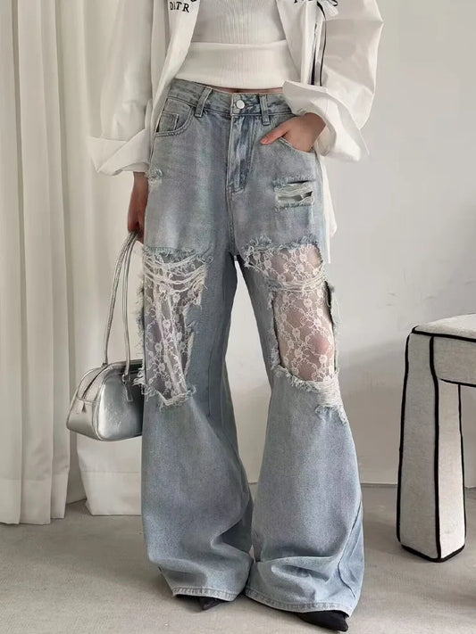 2025 Women's Y2K American Style High Waist Lace Spliced Denim Pants Loose Wide Leg Trousers Fashion Hottie Hole Patchwork Jeans