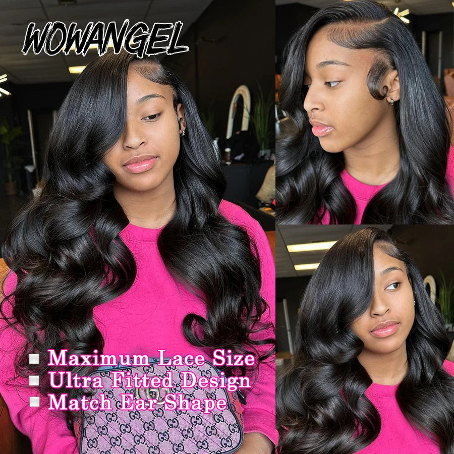 WowAngel 34inches Pre Cut 9x6 HD Lace Closure Wigs Wear To Go Glueless 250% Body Wave Human Hair Wigs Pre Plucked Brazilian Hair