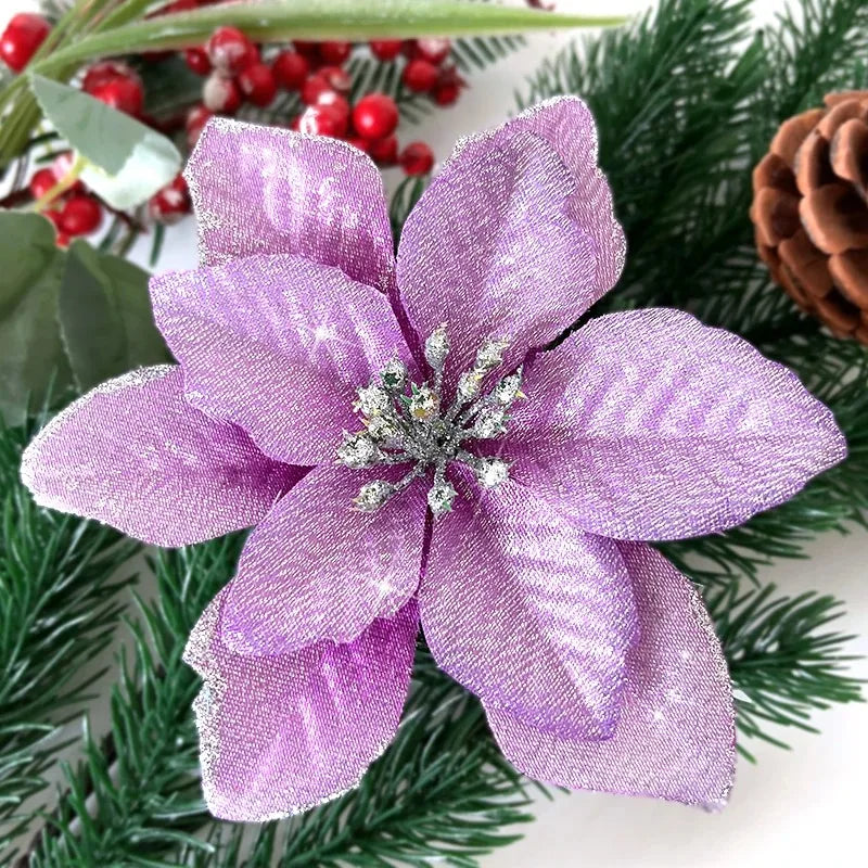 10Pcs Artificial Flowers Christmas Decoration 13CM Xmas Tree Pendant Ornaments for Home Room Decor Navidad New Year 2025 Garland