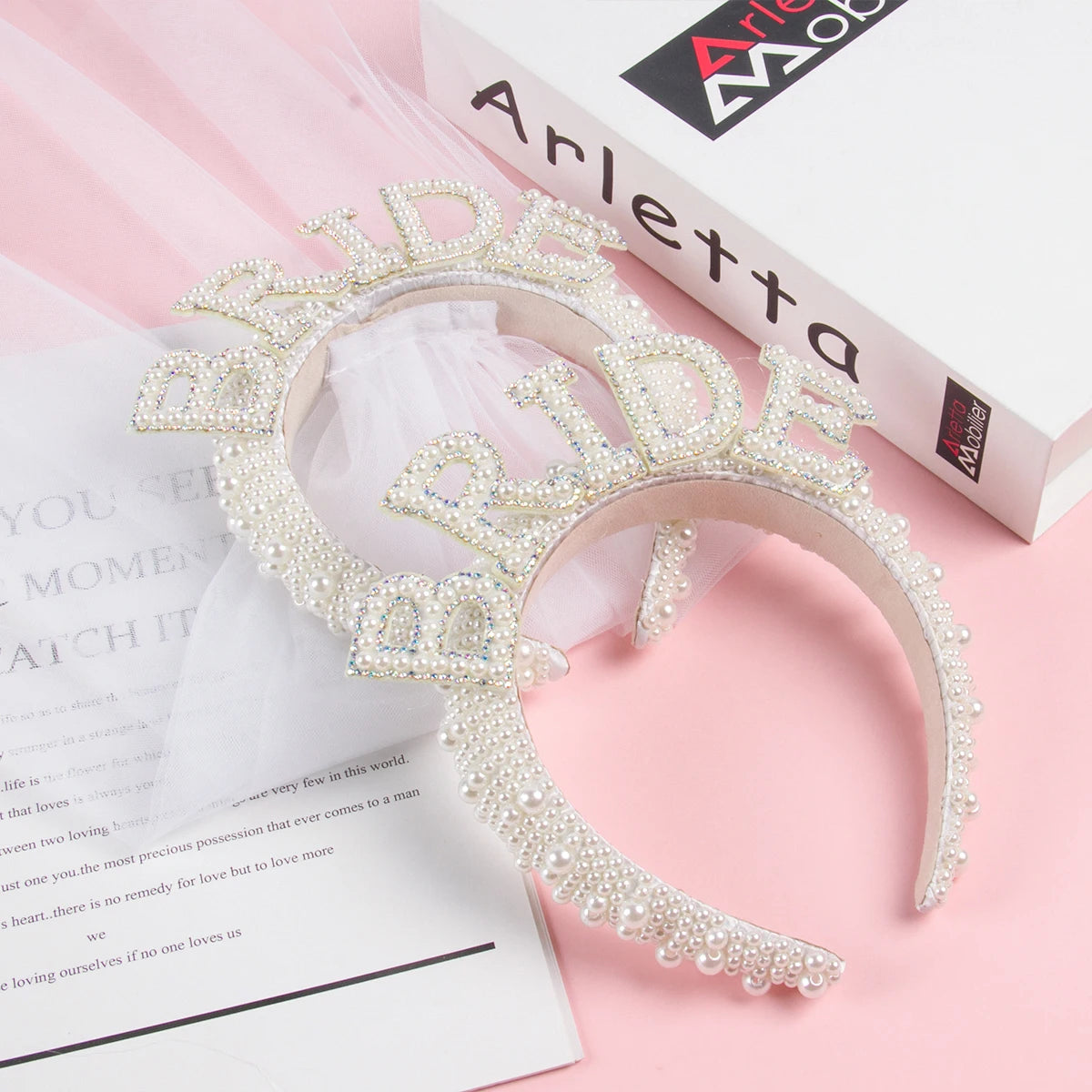 White Bride Headband Pearl Crown with Veil Bride To Be Wedding Decoration Bridal Shower Gift Bachelorette Hen Party Supplies
