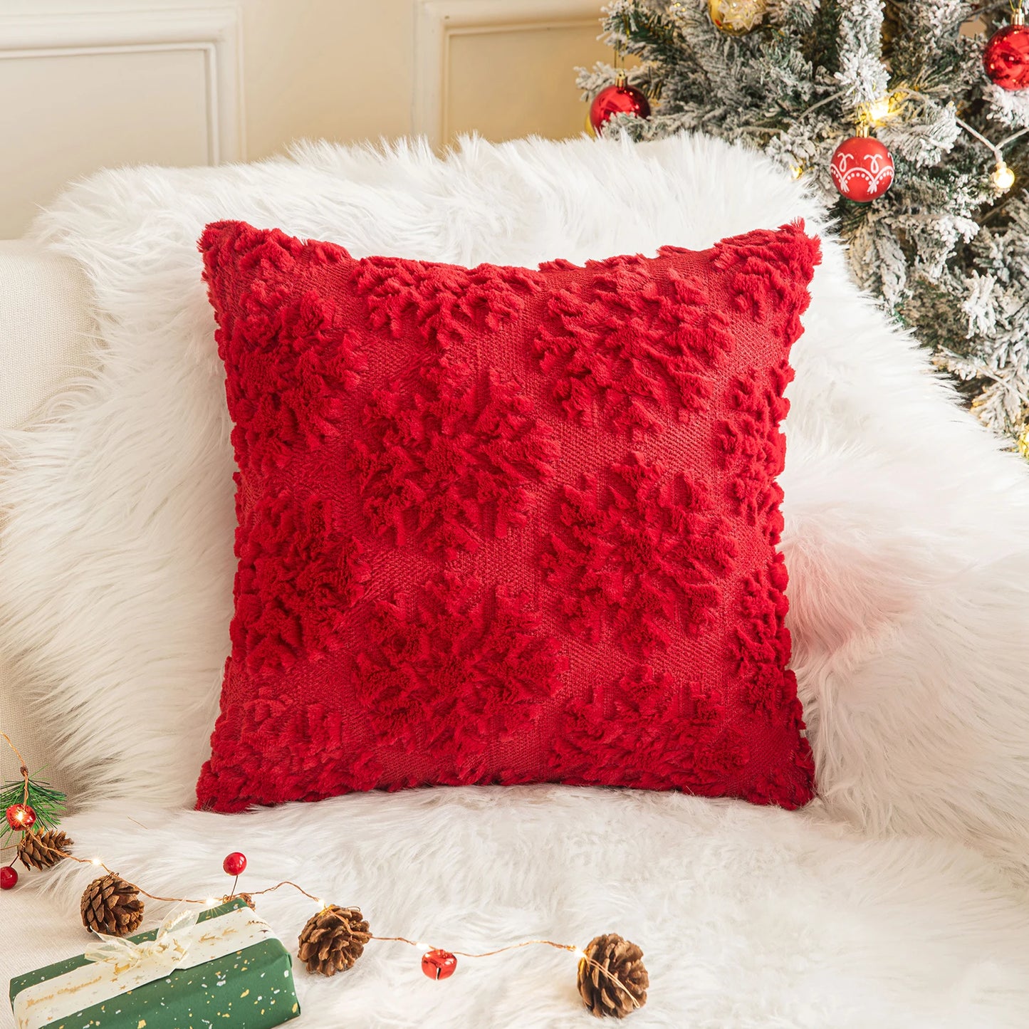 1/2 Pack Christmas Tree Square Throw Pillow Cases Snowflake Shaggy Plush PillowCases Embroidered Sofa Cushion Cover Home Decor