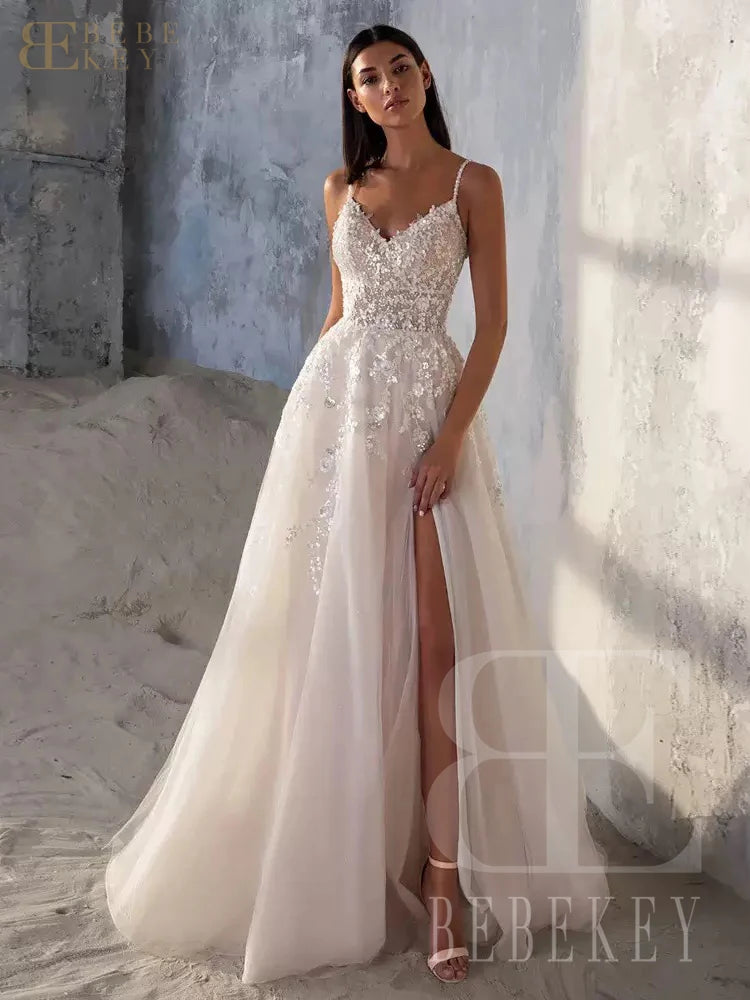 BEBEKEY Bead Sequin Wedding Dresses A-line Lace Appliques Bridal Gown Customized Spaghetti Straps Formal Dress vestidos de novia