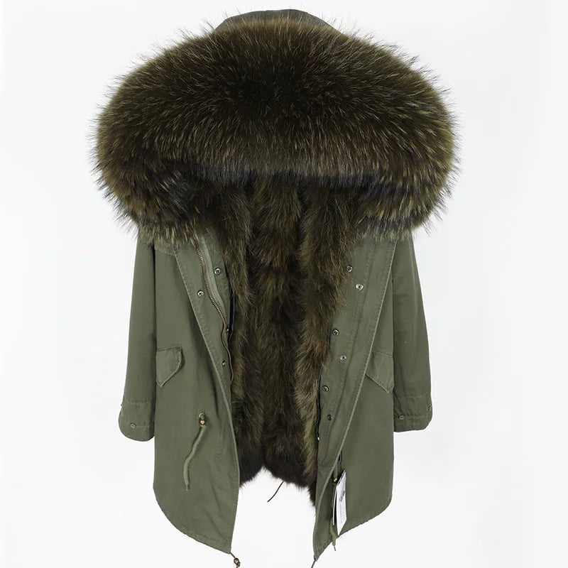 2024 MAOMAOKONG Natural Raccoon Fur Collar Winter Coat Remove Liner Slim Jacket Fur Coat Woman Parkas Female Clothes