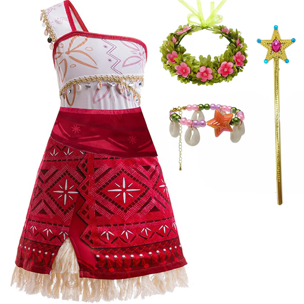 Disney New Summer Movie Hot Moana 2 Short-sleeved Clothes Girl Cosplay Moana Princess One-Shoulder Suspender Dress + Wig Set